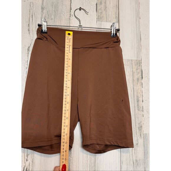 Brown High Waist Stretch Biker Shorts Size S – Soft Polyester, Comfy Fit - Picture 3 of 8